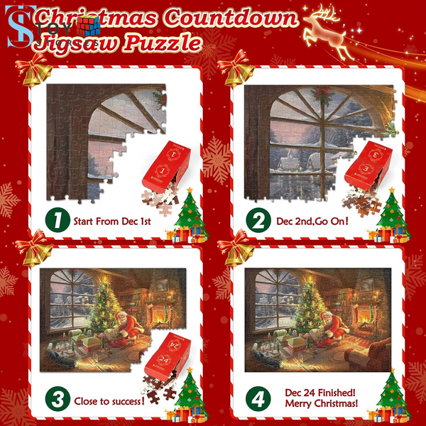 VATOS 2024 Christmas Advent Calendar Jigsaw Puzzle for Kids - 24-Day Santa Countdown Stocking Stuffer Game and Gift